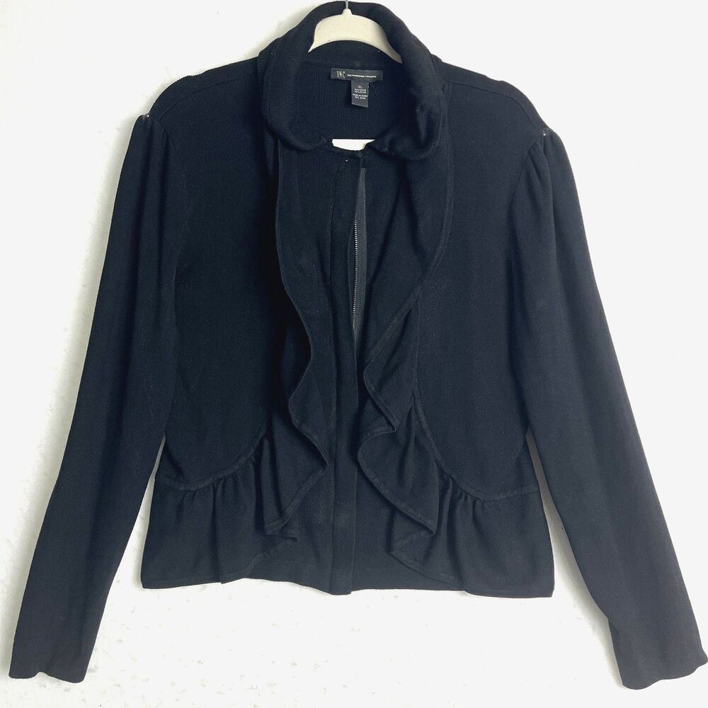 INC Concepts Black knit sweater Womens SZ XL Full zip ruffles Boho Streetwear